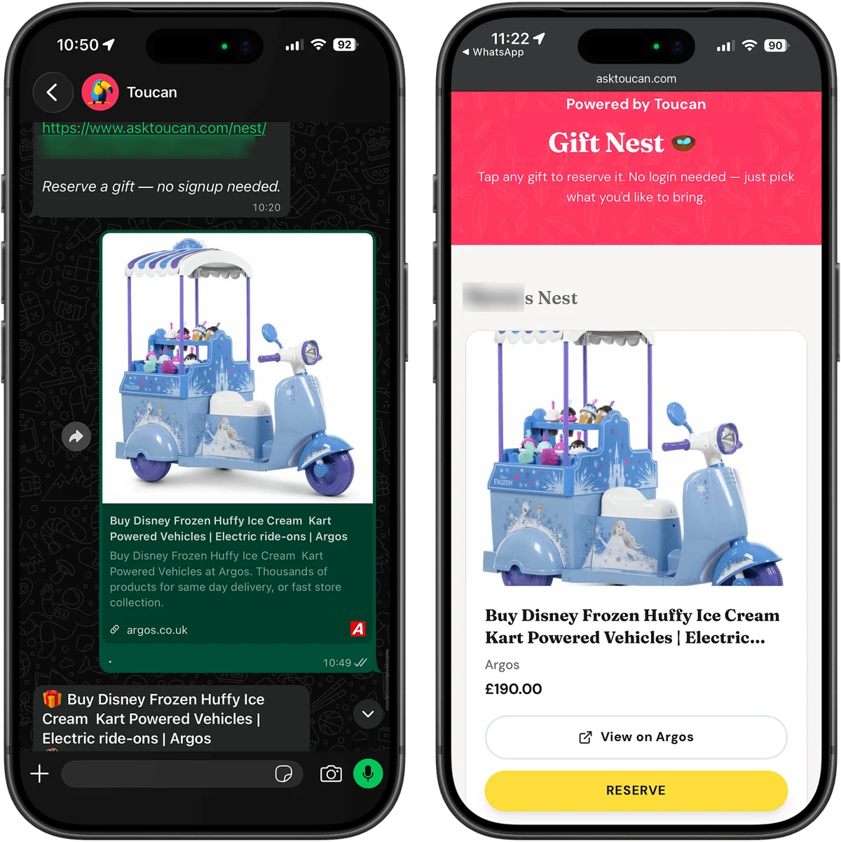 Toucan on WhatsApp adding a gift from a shop link, and the shareable Gift Nest page where family reserve it